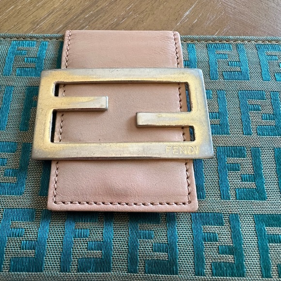 Rare Vintage Fendi Zucca FF Logo Leather & Canvas Continental Wallet Teal - Picture 3 of 11